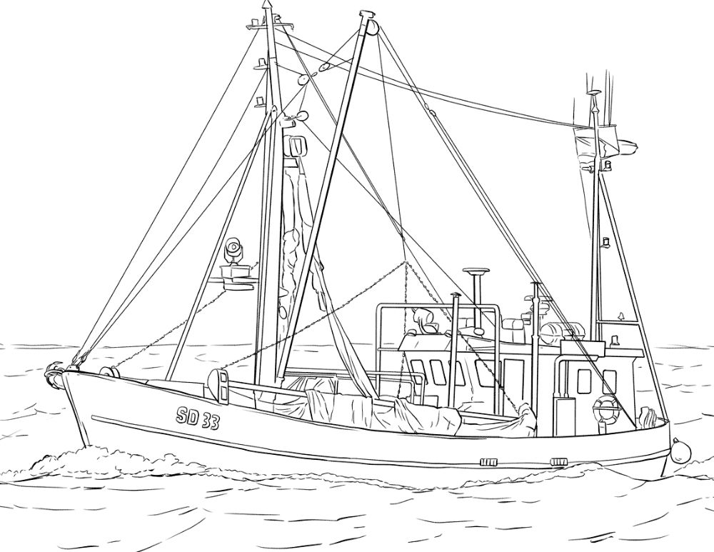 Free Fishing boat coloring sheet sheet and PDF to print